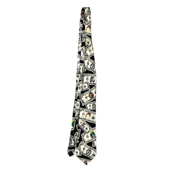 1995 Looney Tunes Mania 100 Dollar Bill 100% Silk Necktie Tie Hand Made EUC - Picture 1 of 7
